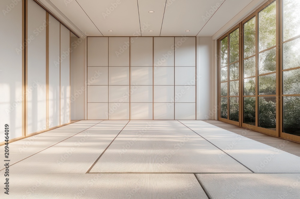 Fototapeta premium Sunlit minimalist Japanese tatami room with tatami mats, sliding paper panels and large wooden-framed glass doors opening to a garden, calm serene meditative atmosphere