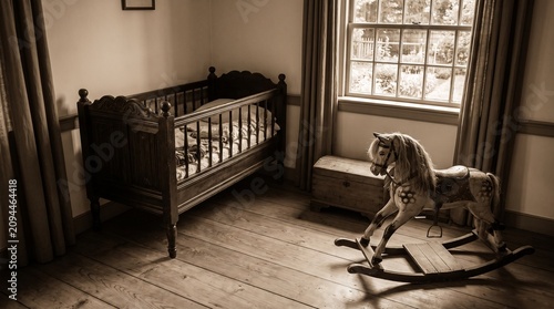Vintage nursery room with an antique wooden crib and a classic rocking horse on a polished wooden floor