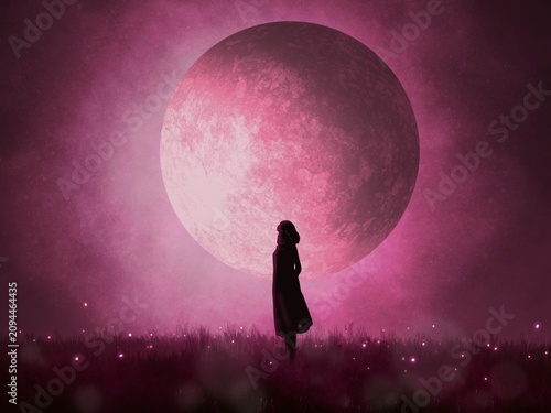 A silhouette of a woman with a bob haircut and a dress standing with her hands clasped behind her back in a field of grass beneath a pink planet; an illustration intended as a background.