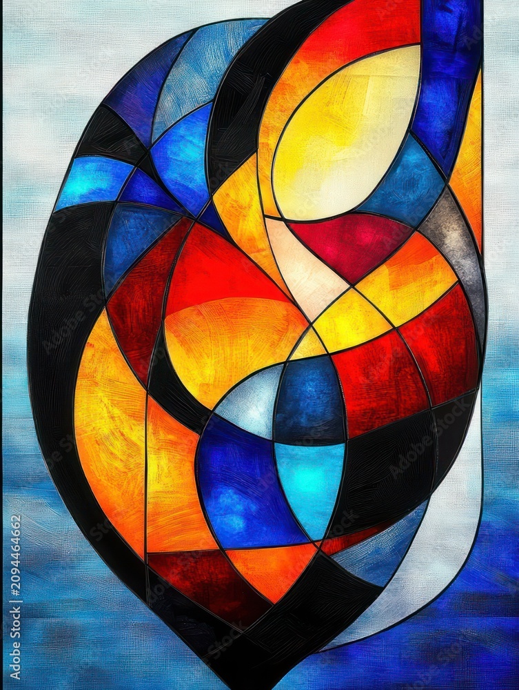 Fototapeta premium vibrant stained glass abstract with interlocking curved panels in blue, red, yellow and orange framed by bold black lines conveying warmth and dynamic motion
