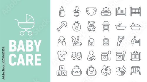 Comprehensive set of baby care line icons featuring essential parenting items for infants displayed