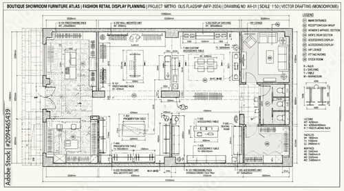 Photos Comprehensive furniture layout plan for a boutique showroom with legend