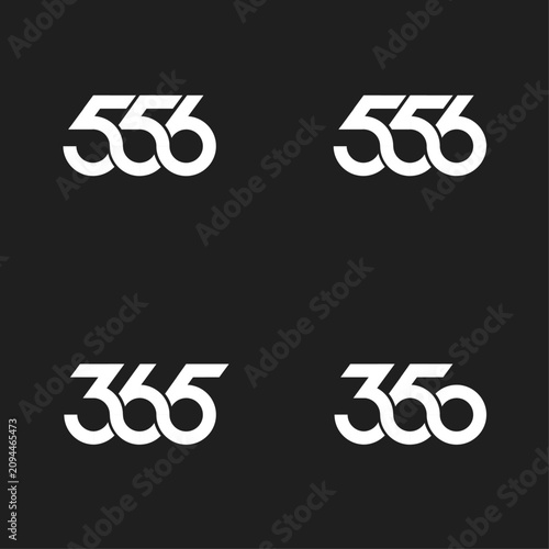 Set of Modern Numeric Logos featuring Intertwined 556, 365, and 360 Designs. Minimalist White Numbers on a Black Background.