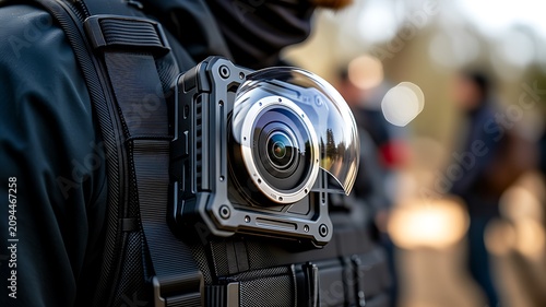 Body worn camera mounted on security officer uniform, wearable surveillance technology for law enforcement, public safety and security operations close up