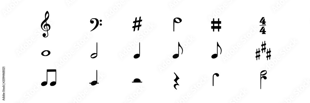Fototapeta premium Musical Symbols and Notes Arranged in a Grid Featuring Clef, Treble, Bass with Sharp and Flat Elements for Natural, Quarter