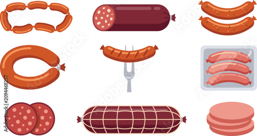 Bild auf Leinwand Cartoon sausage products and meat elements vector set with salami pepperoni wurs