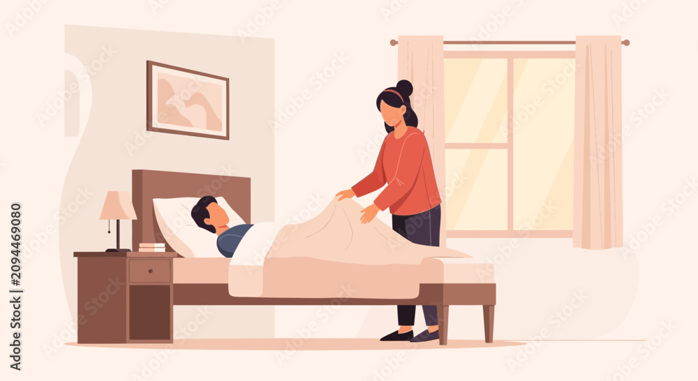 Fototapeta premium Caregiver tucking sick person into bed, bedroom scene, healthcare concept illustration
