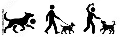 Black silhouette icons of people and dogs playing