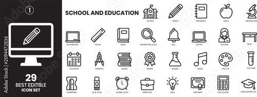 Education icon set school supplies learning resources vector graphics. social policy icon set flat style illustration. contain rights advocacy, poverty reduction, accessibility standard, childcare