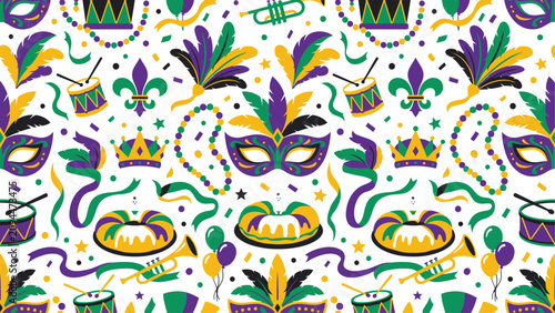 Mardi Gras Masquerade Mask Pattern with Beads, Crowns, and Festive Instruments - Colorful Carnival Design. Flat vector illustration of Mardi Gras Carnival.