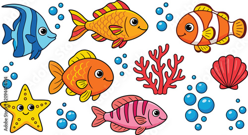 Foto Cute cartoon sea animals collection with colorful tropical fish clownfish starfi