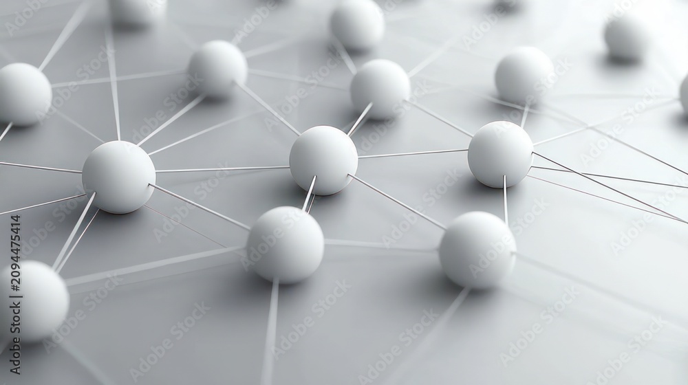 Fototapeta premium Minimalist white spheres connected by thin rods forming an abstract network on a smooth grey surface, evoking calm futuristic precision