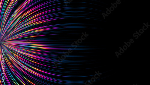 Photos Vibrant, multicolored lines radiate outward from a central point against a stark black background, creating a dynamic burst of energy