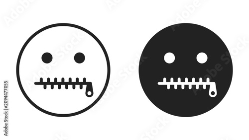 Foto Silent Faces: Two expressive emoji faces, one in white and one in black, wear a zipper over their mouths, symbolizing silence, secrets, or censorship