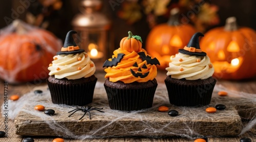 Delicious festive Halloween chocolate cupcakes decorated with witch hats and pumpkins on a rustic wooden board with cobwebs and glowing jack-o-lanterns create a spooky seasonal celebration treats now!