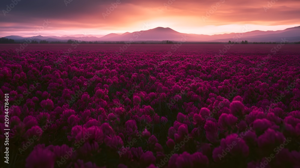 Obraz premium Tranquil magenta clover field meets hazy mountains under a vibrant fiery sunset glow landscape