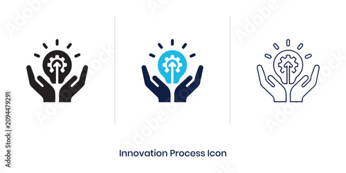 Innovation process icon set with lightbulb, gear cog, arrow up, and cupped hands. Flat, glyph, and outline vector icons for creative strategy web UI, business growth app, and technology dashboard.