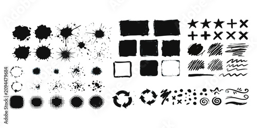 Obraz na plátně Set of black ink brush strokes ink splatters and rough hand drawn shapes collect