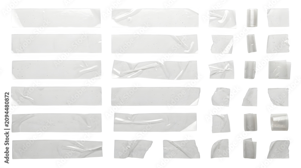 Fototapeta premium Various pieces of realistic clear adhesive tape strips with wrinkled texture and glossy finish arranged neatly on transparent background