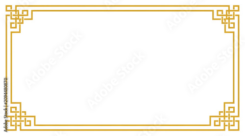 Elegant rectangular golden frame featuring intricate chinese style geometric patterns and traditional linear border design elements presented on transparent background
