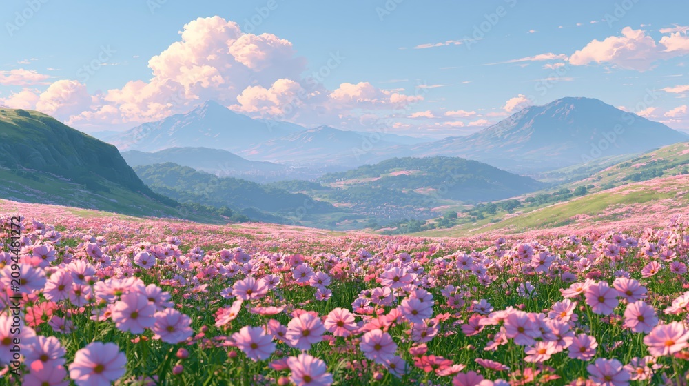 Obraz premium Stunning mountain valley filled with cosmos flowers under soft clouds in morning light.