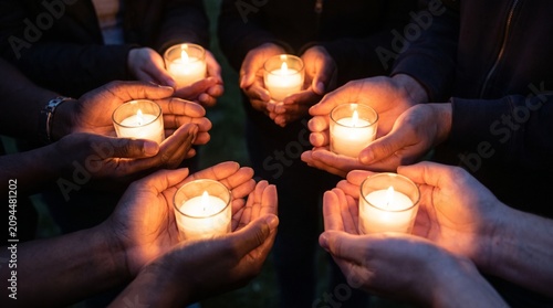 People hold lit candles in their cupped hands in a circle at night
