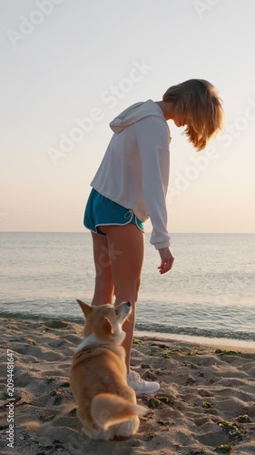 Young woman playing with cute Welsh Corgi dog on sandy beach at sunrise vertical smartphone video orientation female owner training pet near sea morning routine.