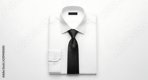 Neatly Folded White Dress Shirt with Elegant Black Tie on a Clean White Background for Formal Occasions
