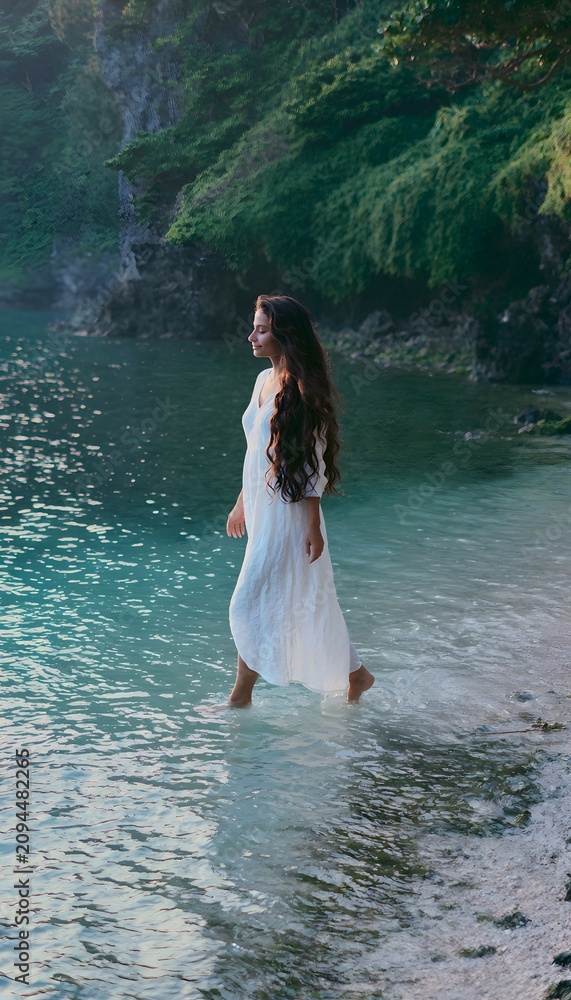 Fototapeta premium Serene shoreline woman finds peace barefoot on turquoise water lush cliffs backdrop tranquil morning light