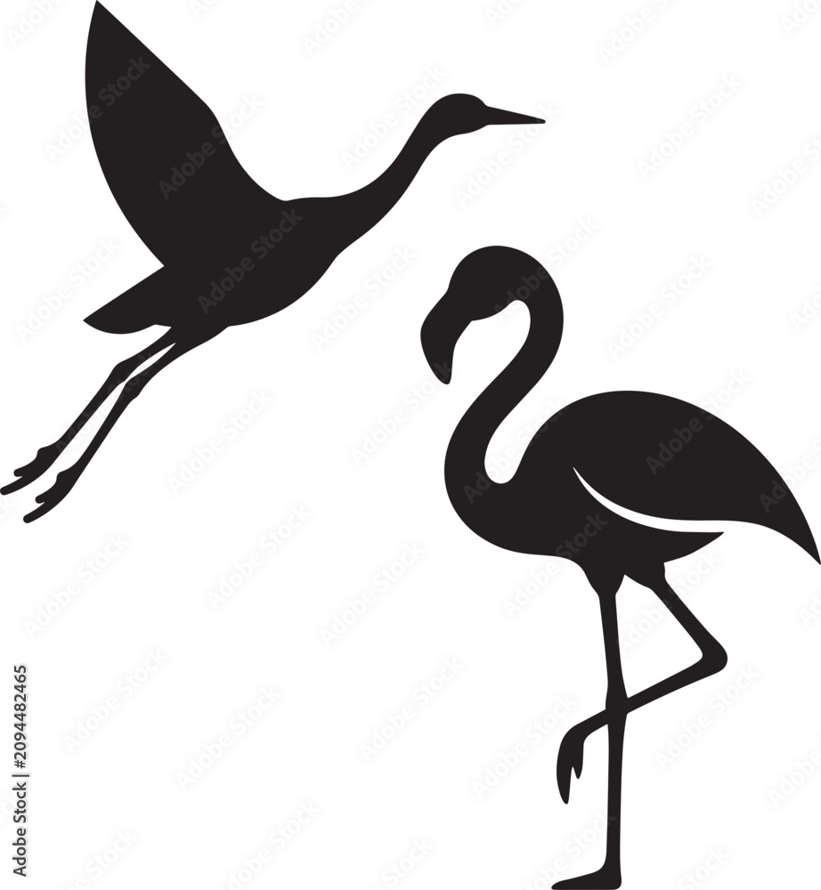 Obraz premium Set of black silhouettes featuring a crane and a flamingo isolated on white ground.