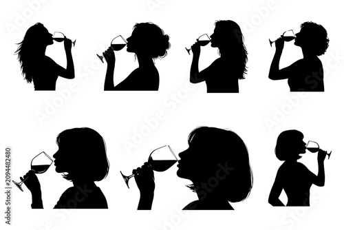 Women drinking wine in different silhouettes at a social gathering