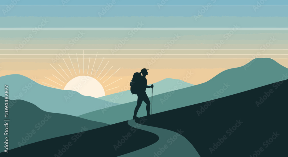 Fototapeta premium Silhouette Hiker Ascends Mountain Trail at Sunrise, Inspiring Adventure and Serenity