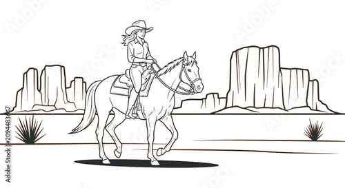 Cowboy On Horseback With Desert Landscape Vector Illustration In Earth Tones