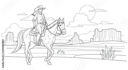 Cowgirl Riding A Horse In A Desert Landscape Black And White Line Art Illustration