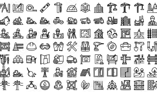 Modern Construction and Building Thin Line Icon Collection Editable Stroke
