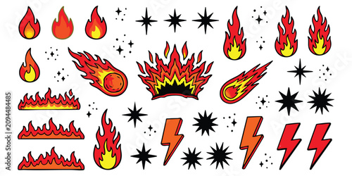 Bild auf Leinwand Set of colorful hand drawn fire flames meteor and lightning bolt icons with star
