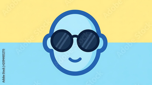 Minimalist Blue Human Face Icon Wearing Sunglasses, Half Submerged in Water with Yellow Sky Background.