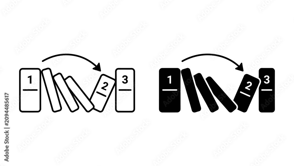 Fototapeta premium Domino Effect Illustration: Two stylized illustrations depict a domino effect, with numbered blocks falling sequentially to represent cause and effect or a chain reaction.