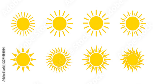 Vibrant Set of Eight Yellow Sun Icons: Diverse Flat Design Graphics Symbolizing Summer, Warmth, Energy, Light, and Good Weather for Seasonal Designs and Forecasts