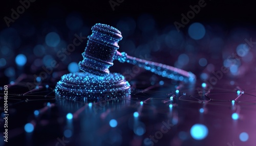 Digital blue gavel and sound block resting on a circuit board with glowing nodes