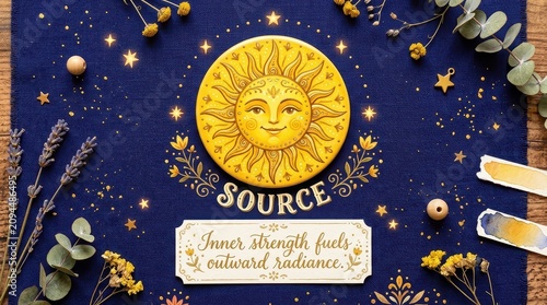 Radiant Sun Face with Inspirational Quote and Celestial Motifs