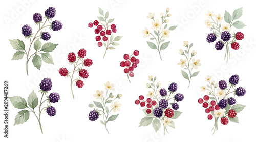 Watercolor set of fresh blackberries, red currants, and small white flowers on white