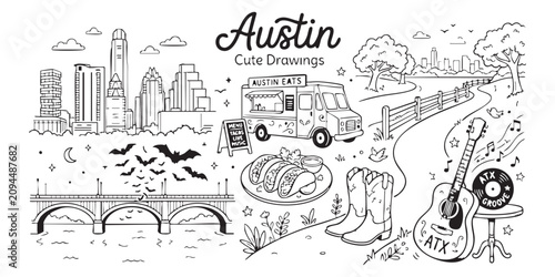 Foto Austin texas city skyline doodle with guitar food truck tacos and bats vector il
