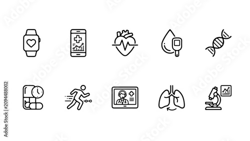 Digital Health Wearable Technology Icon 
Set — 10 Slim Black Outline White Circle 
Telehealth Biotech Fitness Vector EPS PNG