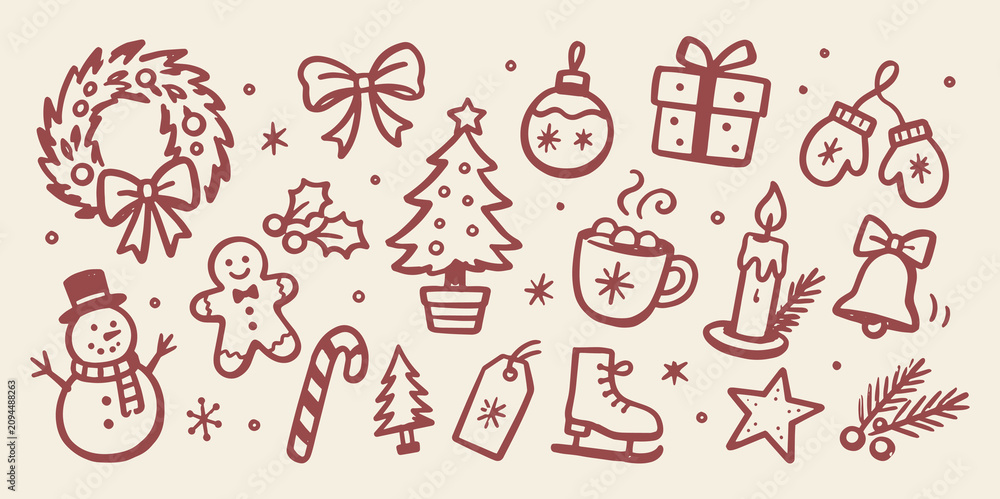 Fototapeta premium Christmas doodle set hand drawn holiday icons vector illustration