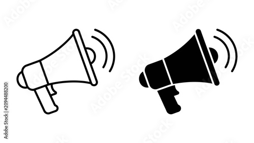 Cuadro en lienzo Megaphone Icon: Two simple megaphone icons, one in outline and one in solid black, represent communication, announcement, and amplification