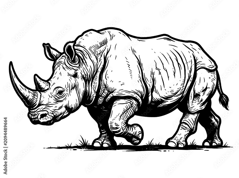 Fototapeta premium Black and white rhinoceros illustration, rhino vector drawing, wildlife animal art, monochrome safari creature