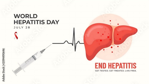 World hepatitis day awareness poster with liver and syringe
