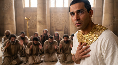 Joseph, Egyptian governor, recognizes his brothers while seated in a grand hall.