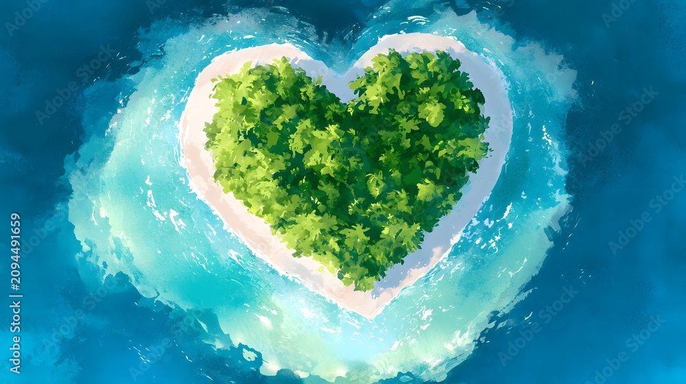 Obraz premium Serene tropical island heart watercolor illustration captures tranquil beauty and peaceful ocean views
